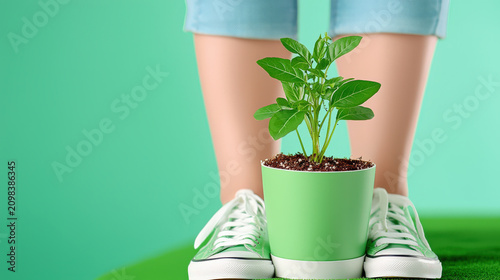Green plant pot sneaker leg green sustainable nature growth indoor plant near casual shoe on green background