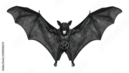 Obraz na plátně Bat spreads its large leathery wings while hanging in mid-air against a clean white backdrop