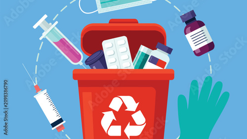 Medical waste disposal system with a red recycle bin and medical items