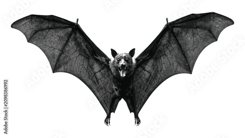 Schilderij op canvas Bat with wings spread wide flies directly toward the viewer against a stark white background