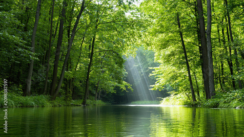 Forest sunlight tree river water leaf green nature woodland reflection