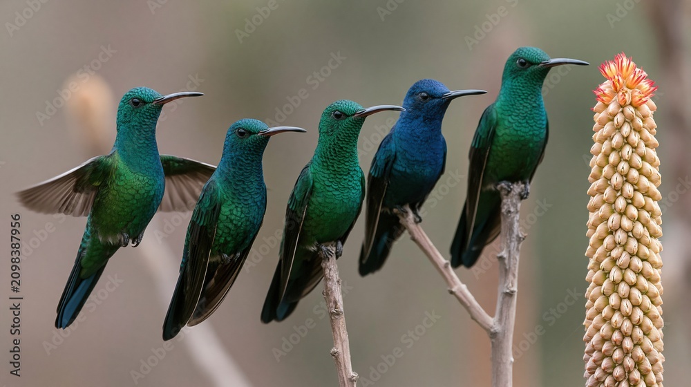 Fototapeta premium Five iridescent hummingbirds perched on a branch near an aloe vera flower