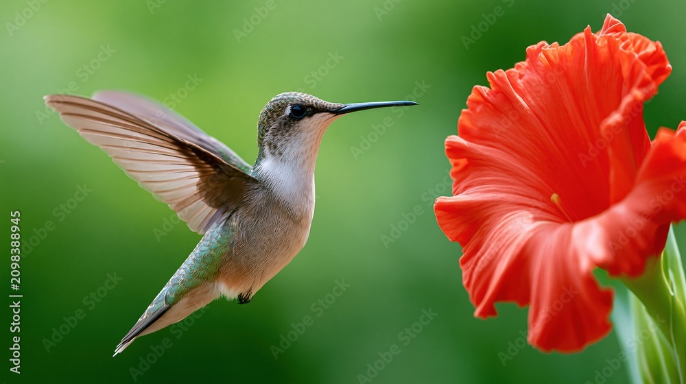 Fototapeta premium Close-up macro shot of a delicate hummingbird hovering near a vibrant red flower in soft natural light