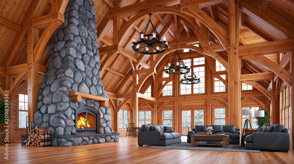 Obraz premium Spacious rustic timber frame lodge living room with grand stone fireplace and cozy seating