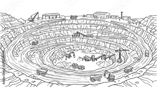 Open Pit Mine Illustration with Heavy Machinery and Industrial Excavation Site