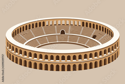 Detailed isometric illustration of an ancient Roman colosseum highlighting classic architectural arches and stepped seating.