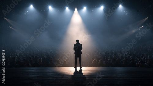 Performer standing alone on dark stage illuminated by bright center spotlight facing crowd.
