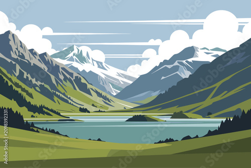 Beautiful valley landscape with snow-capped mountains and a peaceful blue lake under a cloudy sky in a flat vector style.