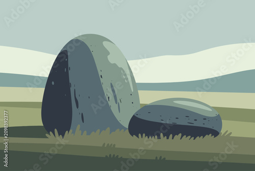 Two large smooth boulders rest on a grassy field under a cloudy sky in a simple stylized nature landscape illustration.