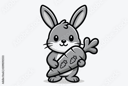 Adorable cartoon baby bunny rabbit standing and holding a giant carrot in its paws on a white background.