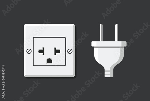 Clean flat vector design of a white electrical power socket next to a matching two-prong electrical power plug.