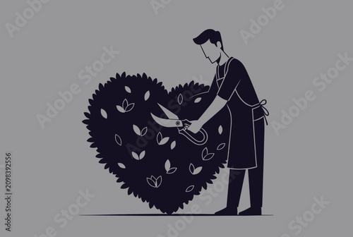 Dedicated gardener uses large shears to carefully trim and shape a green bush into a perfect heart symbol of love.