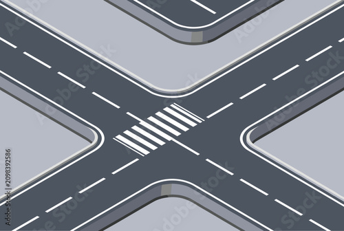 Clean isometric road intersection showing a pedestrian crosswalk and asphalt surface in a 3D minimalist style.
