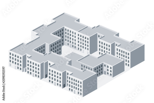 Modern residential apartment complex with a central courtyard shown in a clean 3D isometric architectural style.