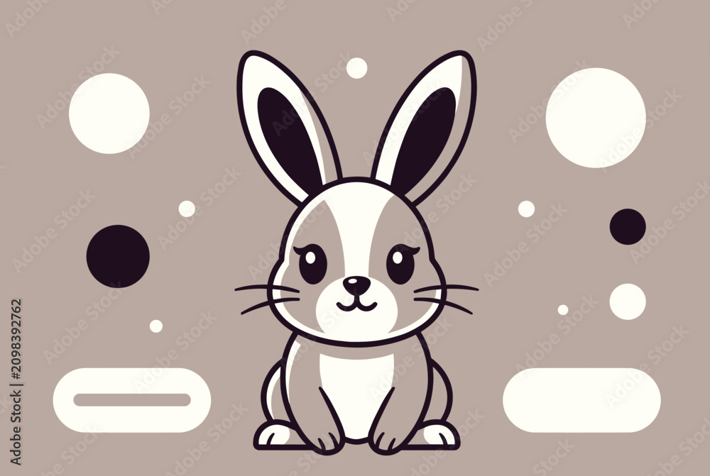 Fototapeta premium Adorable cartoon rabbit sitting calmly surrounded by abstract white and black circular shapes on a gray background.