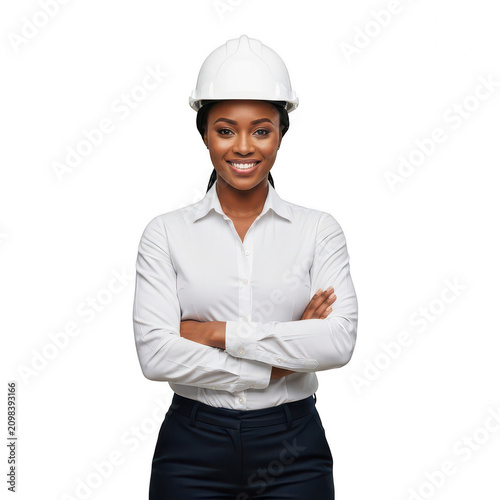 Smiling female engineer wearing a white hard hat isolated on transparent background