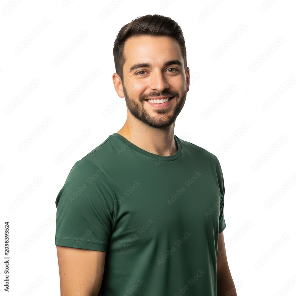 Obraz premium Happy smiling young man wearing a green t-shirt isolated on transparent background