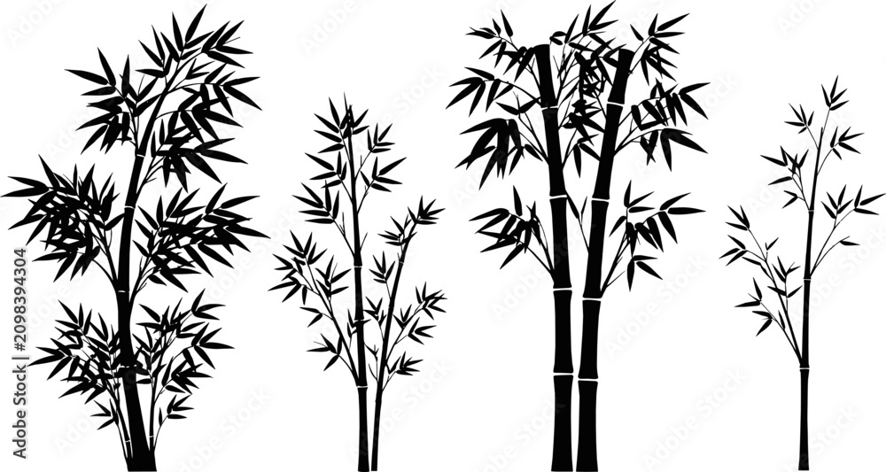 Obraz premium Collection of black bamboo tree silhouettes with leaves isolated on white background for zen nature designs