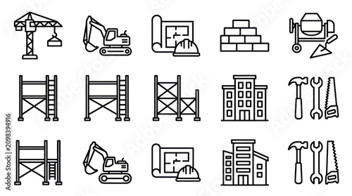 Construction industry and building equipment icon set.