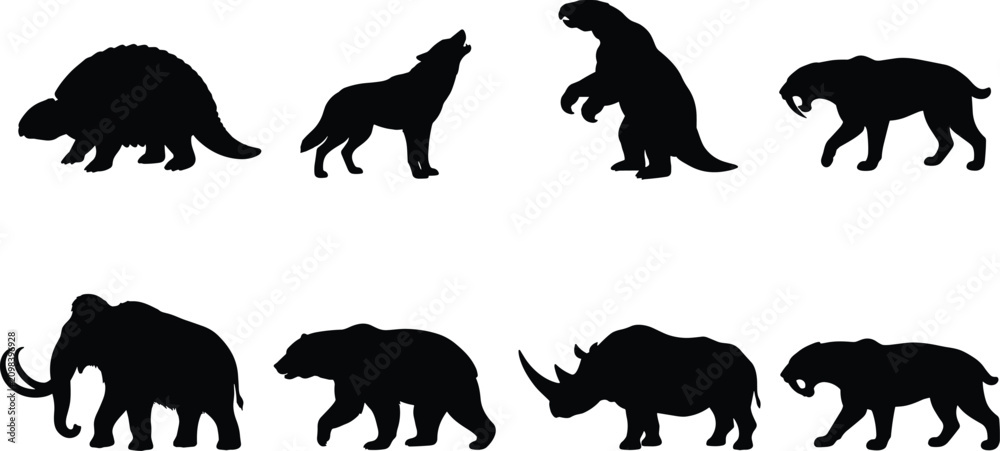 Fototapeta premium Ice Age Megafauna Silhouette Vector Set Featuring Mammoth, Sloth, Wolf, Bear, and Saber‑Toothed Cat
