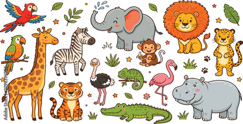 Photography Cute cartoon safari jungle wild animal collection vector illustration featuring