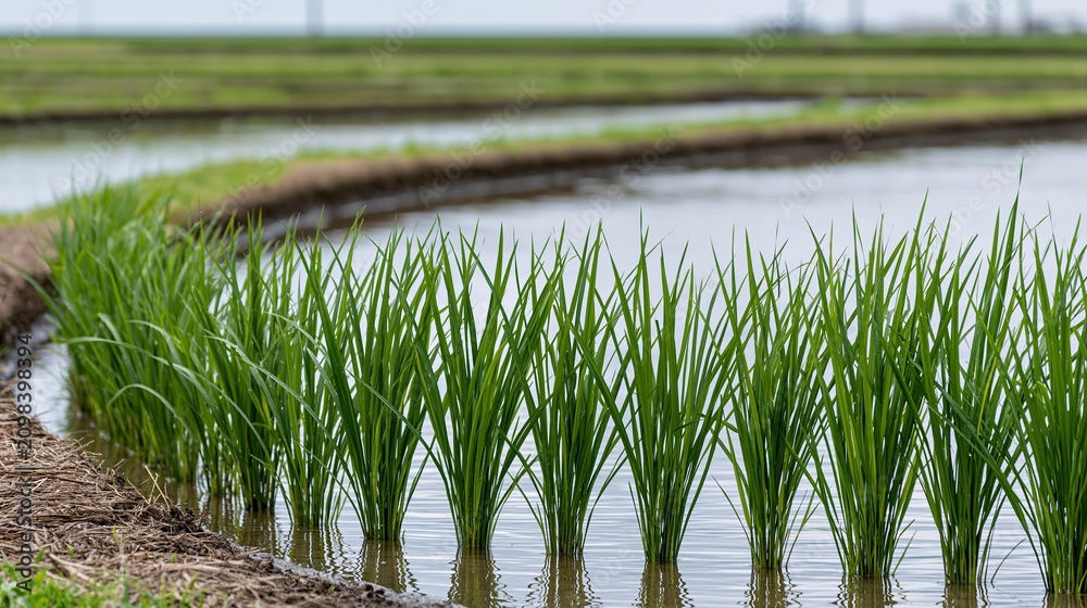 Obraz premium Lush green rice paddy seedlings in flooded field ready for agricultural growth and harvest