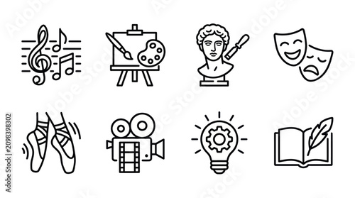 Bild auf Leinwand Creative arts, music, and performance line icon set.