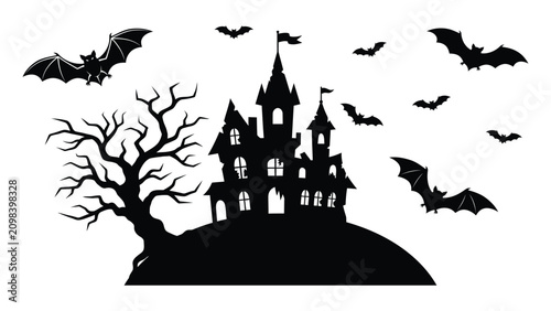 Haunted house silhouette sits atop a dark hill with bats flying through the night sky.