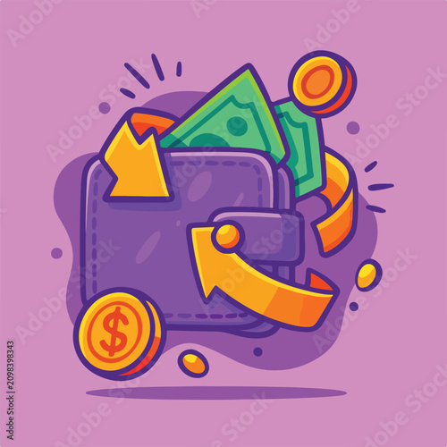 Purple Wallet with Money Transfer Arrows Cartoon Vector