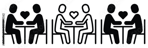 Set of flat line art and glyph icons featuring a couple sitting at a table on a romantic date dinner in a cafe with a heart symbol, perfect for relationships and love concepts vector illustration