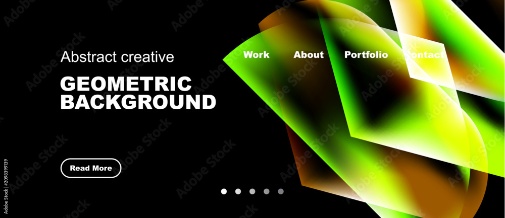 Naklejka premium Dark background features vibrant geometric shapes, text elements, navigation options. Modern design promotes creativity, portfolio access.
