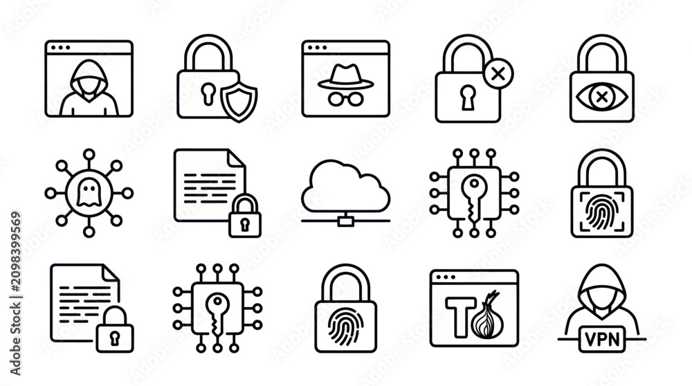 Fototapeta premium Cybersecurity and digital data protection icons.