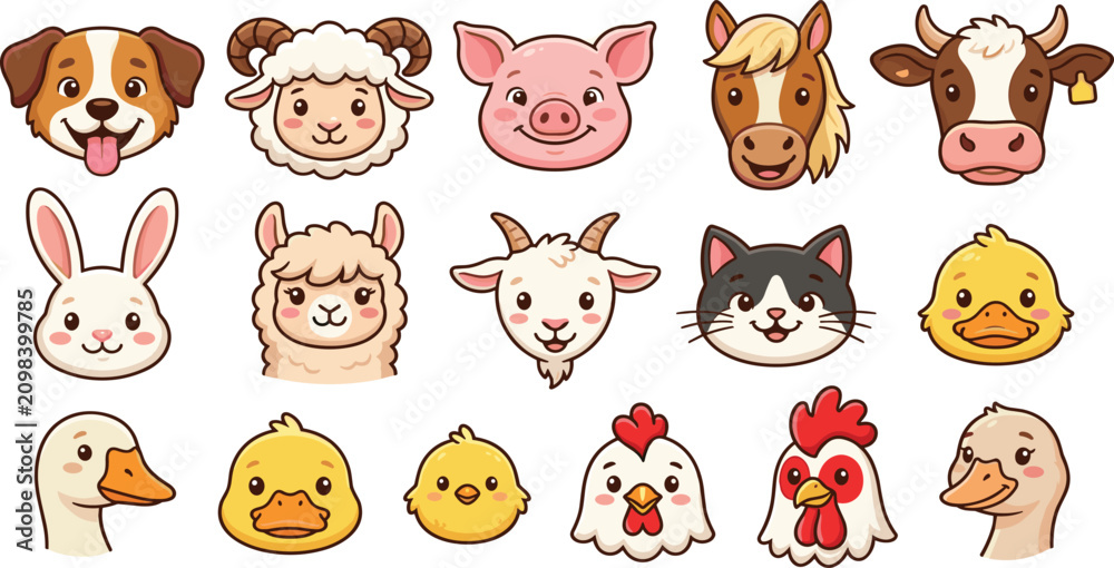 Obraz premium Cute farm animal faces vector sticker collection featuring happy cartoon avatars of domestic livestock and poultry on white background