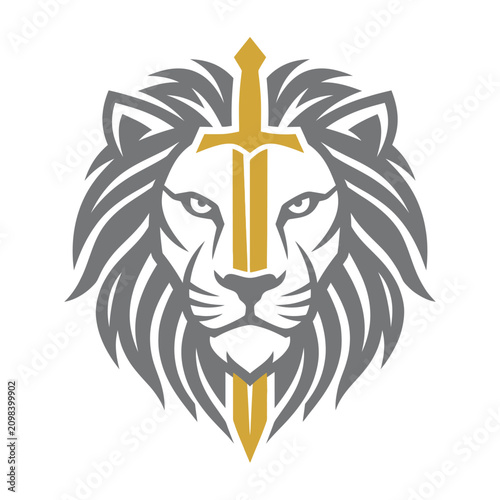 Fierce lion head mascot logo with golden sword.