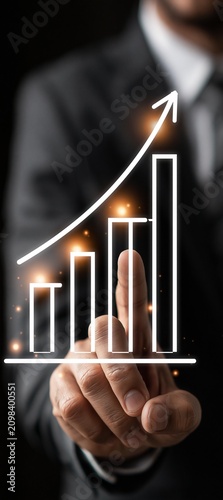 Business growth and financial success concept with businessman hand pointing at rising arrow and bar chart, strategy planning, investment, market analysis, economic development, performance, revenue