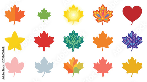 Collection of stylized maple leaves and a heart shape in various colors and patterns.
