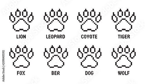 Tableau sur toile Wild animal paw print guide set with pixel art icons for predator track identification art