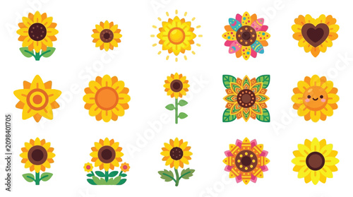 Collection of diverse and colorful sunflower illustrations in various styles and sizes.