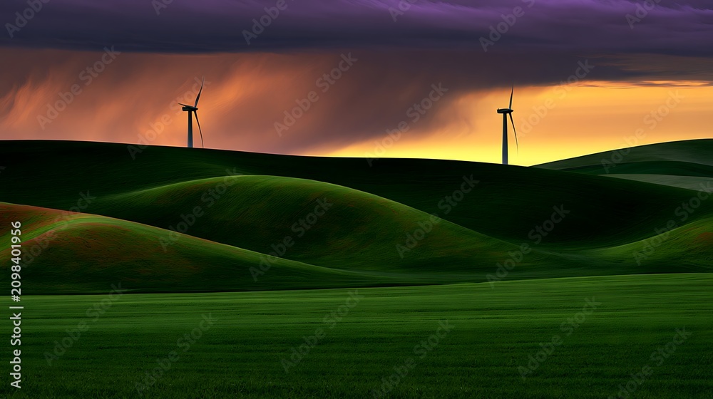 Obraz premium Wind turbines on green rolling hills under a dramatic sunset sky