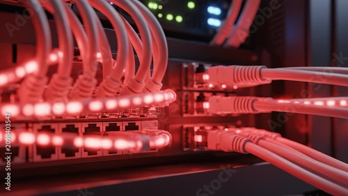 Network cable server ethernet rack data switch red connection port glowing data center hardware patch panel fiber optic storage cybersecurity database secure technology indicator light