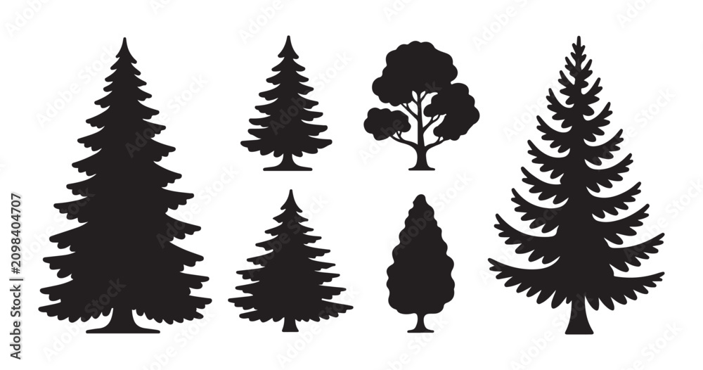 Fototapeta premium Diverse tree silhouette collection including spruce pine and deciduous species for forest landscape art.