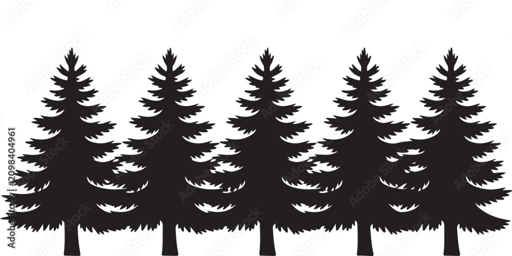 Obraz premium Row of pine trees silhouette against transparent background vector illustration.