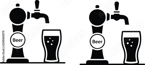 Fotografie Set of two beer tap and pint glass icons in black and white symbolizing bar, bev