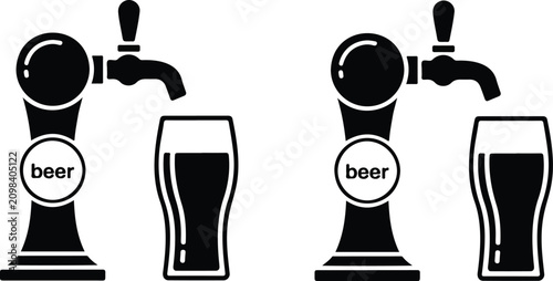 Obraz na płótnie Set of two beer tap and pint glass icons in black and white symbolizing bar, bev