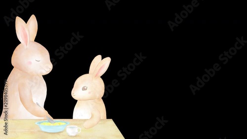 ダイニングテーブルでうさぎの子供にスープを食べさせるうさぎの親の水彩ループアニメーション。育児・食事の大切さを表現したアルファチャンネルのビデオ。