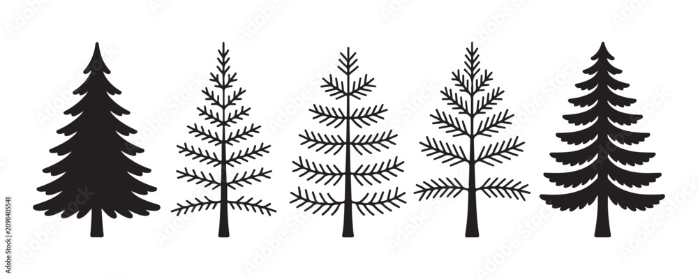 Fototapeta premium Set of minimal spruce tree silhouettes isolated on white background for creative design graphic projects.