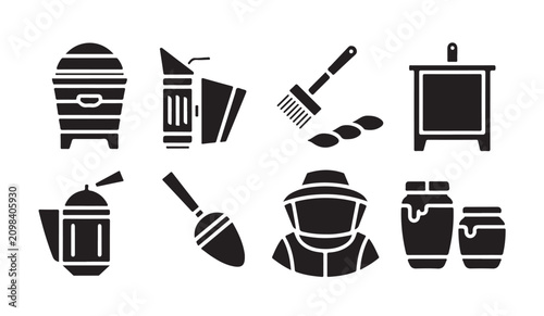 Obraz na płótnie Industrial beekeeping tools with honey extractor smoker beehive frames and brushes vector