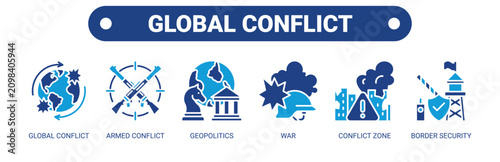 Global Conflict web banner icon vector illustration concept with icons of global conflict, armed conflict, geopolitics, war, conflict zone, and border security. 