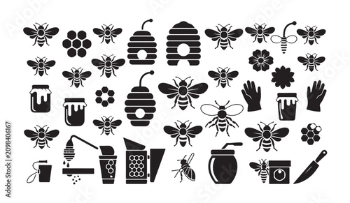 Foto Black and white beekeeping icon set, vector illustration of bee farm equipment collection