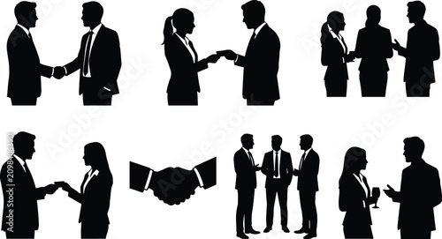 Business People Handshake Silhouette Collection with Professional Meeting and Networking Vector Set